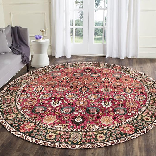 vivorug Round Rug 6ft Vintage Round Area Rug Non-Slip Indoor Carpet for Living Room Bedroom Entryway, Stain Resistant Home Decor Circle Rug, Cherry Red/Spice