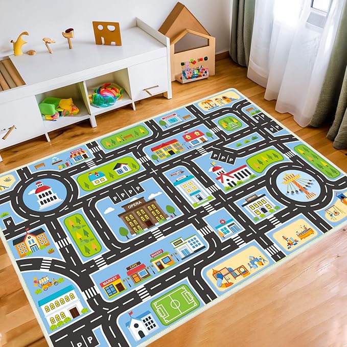 Kids Carpet Car Rug Play Mat, 5'x8' Road Rug Carpet for Kids, City Life Educational Rugs with Non-Slip Road Traffic Rug Mats, Great for Kids Playroom Bedroom Boys Girls