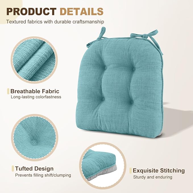 downluxe Indoor Chair Cushions for Dining Chairs, Tufted Overstuffed Textured Foam Kitchen Chair Pads with Ties and Non-Slip Backing, 15.5" x 15.5" x 4", Aqua Blue, 4 Pack
