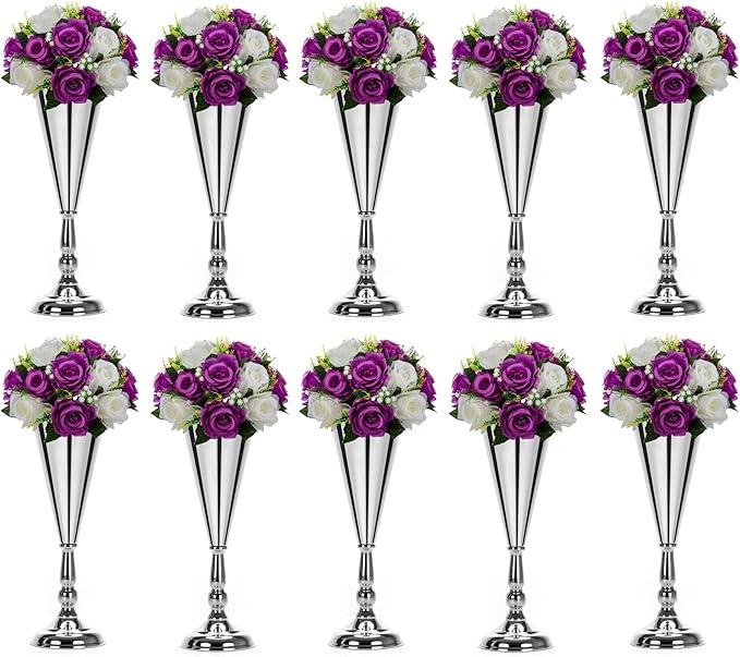 Tabletop Metal Wedding Flower Trumpet Vase Table Decorative Gold,Silver Candlestick Holders Flower Vase Stand Wedding Road Lead Tall Flower Holders (Silver, 10xM)