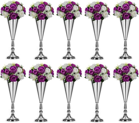Tabletop Metal Wedding Flower Trumpet Vase Table Decorative Gold,Silver Candlestick Holders Flower Vase Stand Wedding Road Lead Tall Flower Holders (Silver, 10xM)