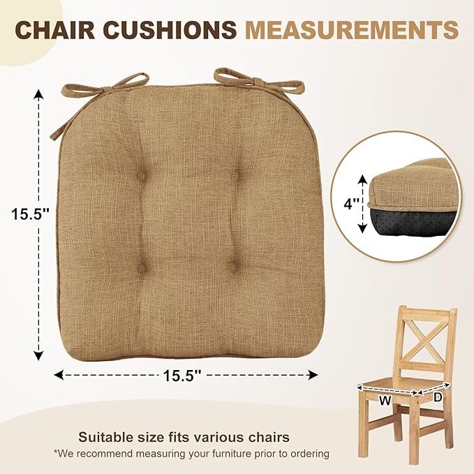 downluxe Indoor Chair Cushions for Dining Chairs, Tufted Overstuffed Textured Foam Kitchen Chair Pads with Ties and Non-Slip Backing, 15.5" x 15.5" x 4", Taupe, 4 Pack