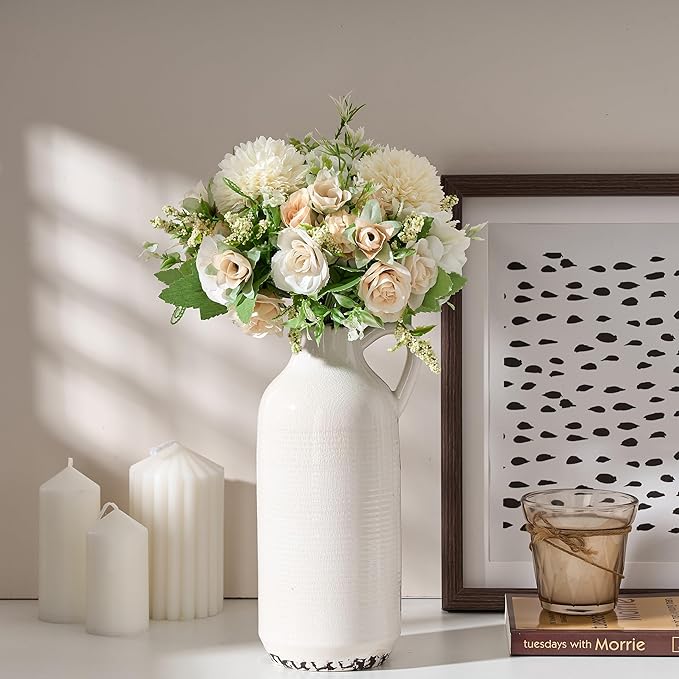 Ceramic Vase for Home Decor, Ice Crackle Aged White Vintage Vase with Handle, Decorative Flower Vase for Farmhouse, Living Room, Table, Fireplace, Nightstand - Ice Crackle White