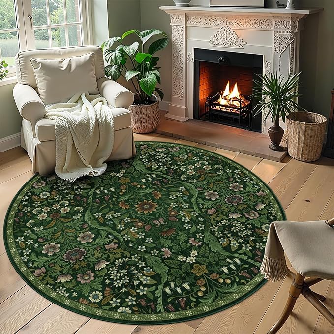 Round Rug 6ft Dark Green Washable Floral Circle Rug,Vintage Boho Botanical Round Area Rugs, Non-Slip Soft Low-Pile Circular Carpet for Bedroom,Kids Room,College Dorm,Home Decor