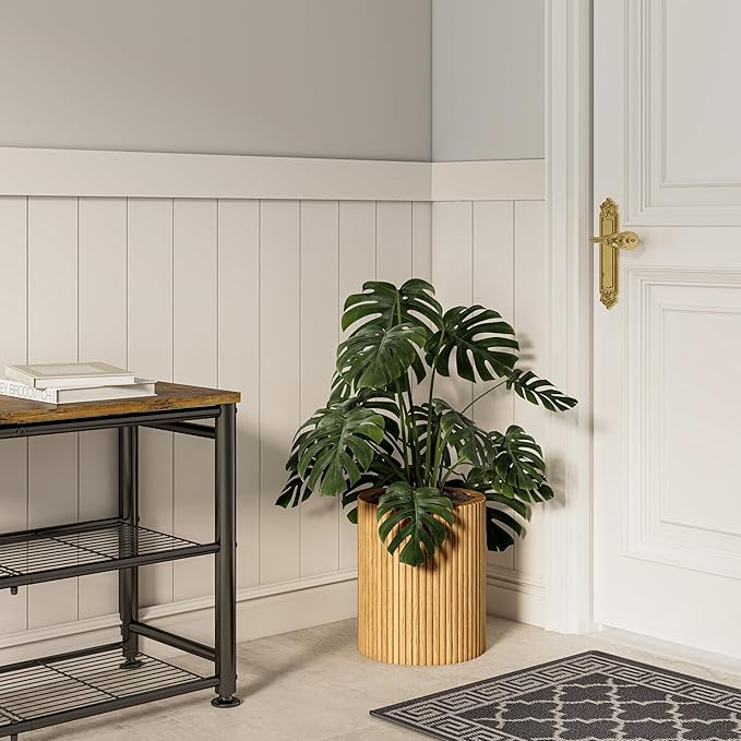 SHYFOY Fluted Wooden Round Indoor Outdoor Planters, Cylinder Decorative Floor Vase Flower Plant Pots for Living Room Dining Bedroom Home Corner