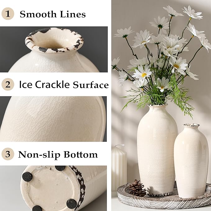 Ceramic Vases for Home Decor, Ice Crackle Aged White Vintage Ceramic Vase Set of 2, Minimalist Decorative Vase for Table Centerpiece Dining Living Room Office Nightstand Fireplace Decoration