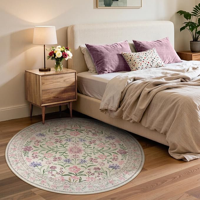 Lahome Purple 6 ft Circle Rug Washable, Floral Accent Round Rug for Girls Bedroom Decor, Non-Slip Accent Circular Carpet for Nursery Calm Corner Seating Area