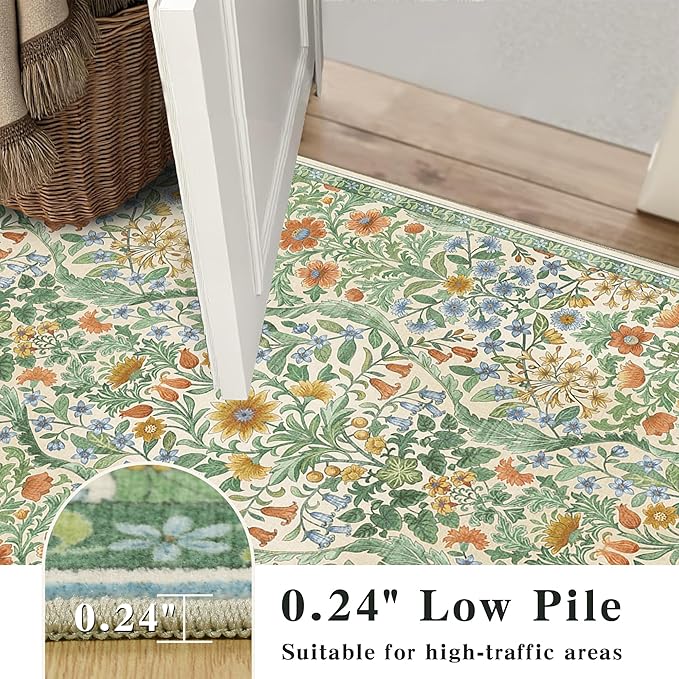 Round Rug 6ft Grass Green Washable Floral Circle Rug,Vintage Boho Botanical Round Area Rugs, Non-Slip Soft Low-Pile Circular Carpet for Bedroom,Kids Room,College Dorm,Home Decor