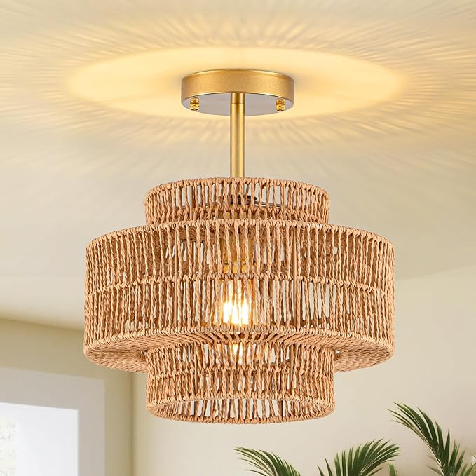 1-Light Rattan Ceiling Light Fixture, 12.4" Semi Flush Mount Boho Ceiling Light, Wicker Light Fixture with 3-Tier Hand-Woven Drum Shade, Farmhouse Rattan Chandelier for Dining Room Living Room Bedroom