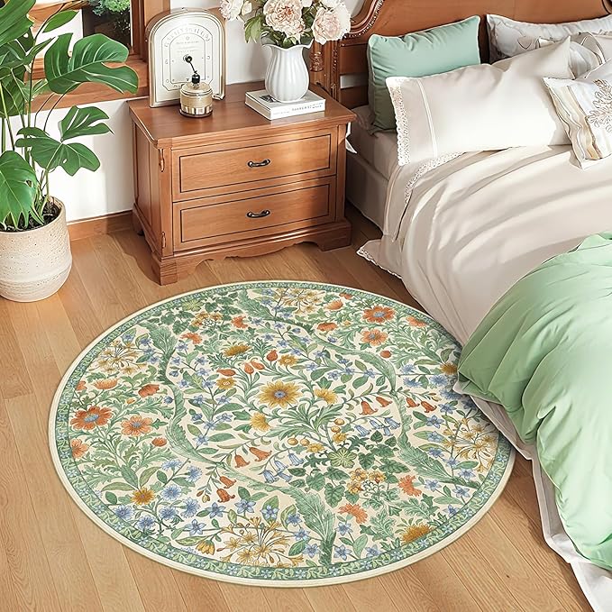 Round Rug 4ft Grass Green Washable Floral Circle Rug,Vintage Boho Botanical Round Area Rugs, Non-Slip Soft Low-Pile Circular Carpet for Bedroom,Kids Room,College Dorm,Home Decor