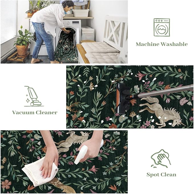 STARUIA 8x10 Area Rugs for Living Room, Unicorn Floral Non-Slip Washable Rugs, Farmhouse Moroccan Vintage Animal Large Girls Area Rug for Bedroom, Carpet for Dining Room Nurseries(Forest Green8'x10')