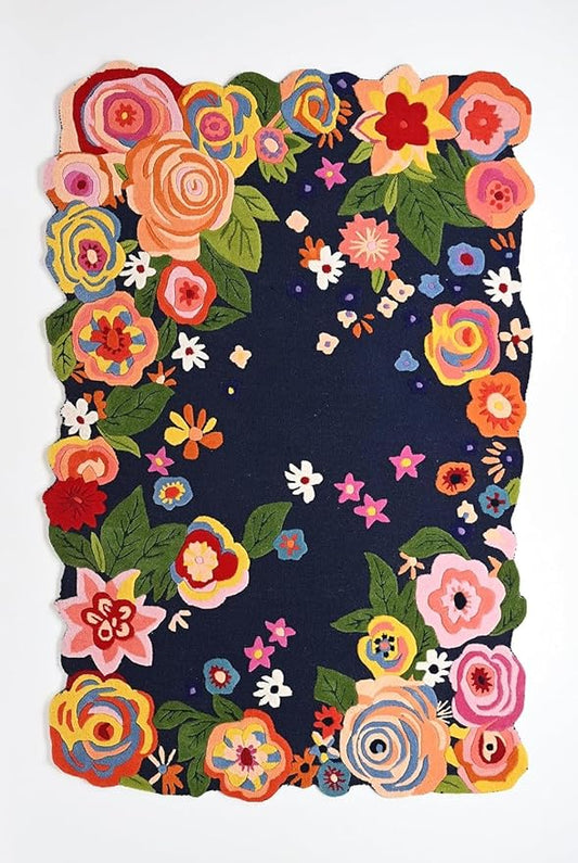 Handmade Irregular Floral Wool Area Rug Vibrant Multicoloured Garden Flower Design Soft Plush Durable Thick Carpet for Living Room Bedroom (Navy Blue, 4 x 6 feet, Feet)