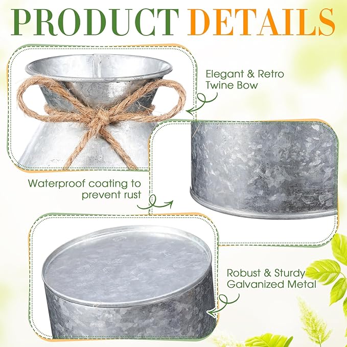 Domensi 5.12 Inch Farmhouse Metal Flower Vase Decor Rustic Galvanized Milk Can Jug Vase with Bow Flower Buckets for Table Centerpiece Fall Halloween Wedding Home Dinging Room Decor(Iron Color,6 Pcs)