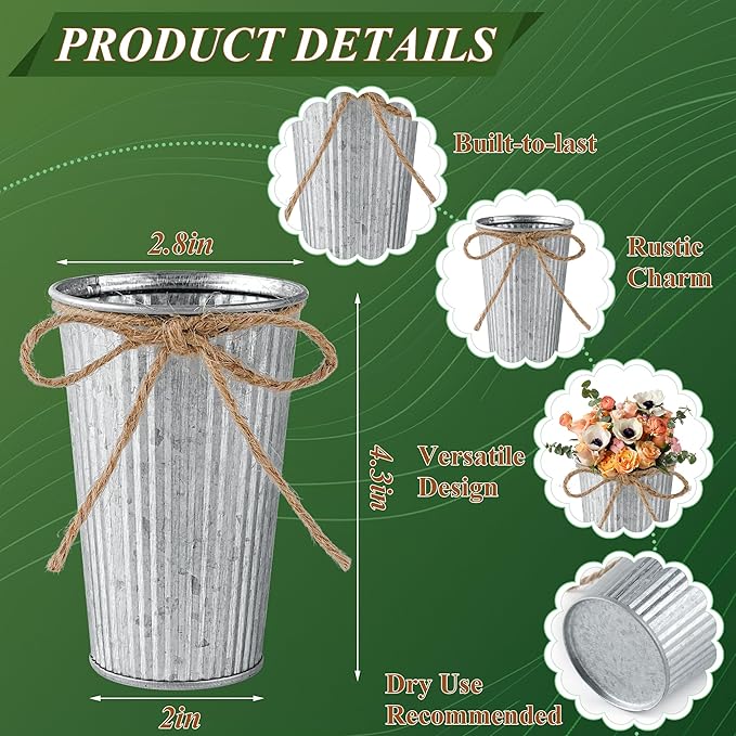 24Pcs Small Galvanized Metal Vases for Centerpieces, Flower Buckets with Twine Bow, 4 Inch Artificial Floral Vase in Bulk Rustic Home Decor, Silver