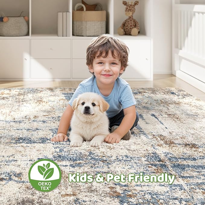 6x8Ft Area Rug Washable Rugs: Living Room Large Abstract Modern Soft Stain Resistant Indoor Floor Non-Slip Accent Carpet for Bedroom Nursery Playroom Office Dining Room Dorm Home House- Tan