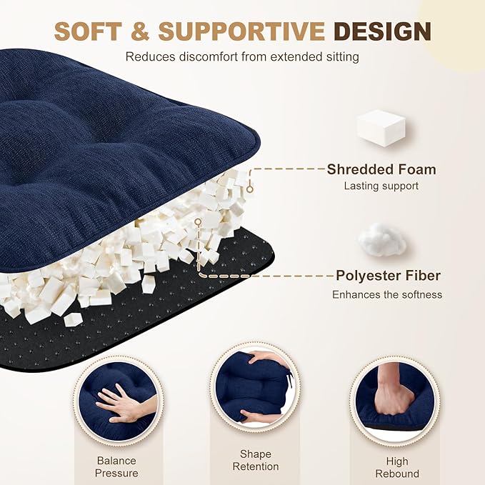 downluxe Indoor Chair Cushions for Dining Chairs, Tufted Overstuffed Textured Foam Kitchen Chair Pads with Ties and Non-Slip Backing, 15.5" x 15.5" x 4", Royal Blue, 4 Pack