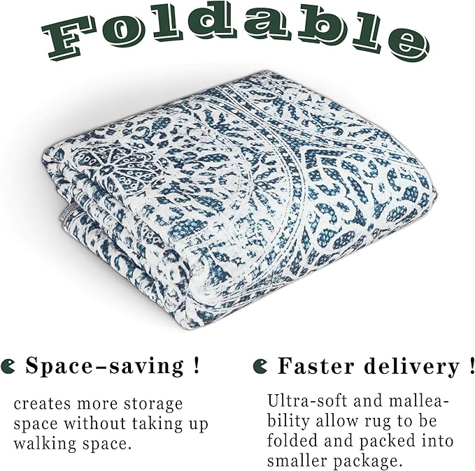 vivorug Round Rug 5ft Vintage-Inspired Round Area Rug Non-Slip Indoor Carpet for Living Room Bedroom Entryway, Stain Resistant Home Decor Circle Rug, Blue Medallion