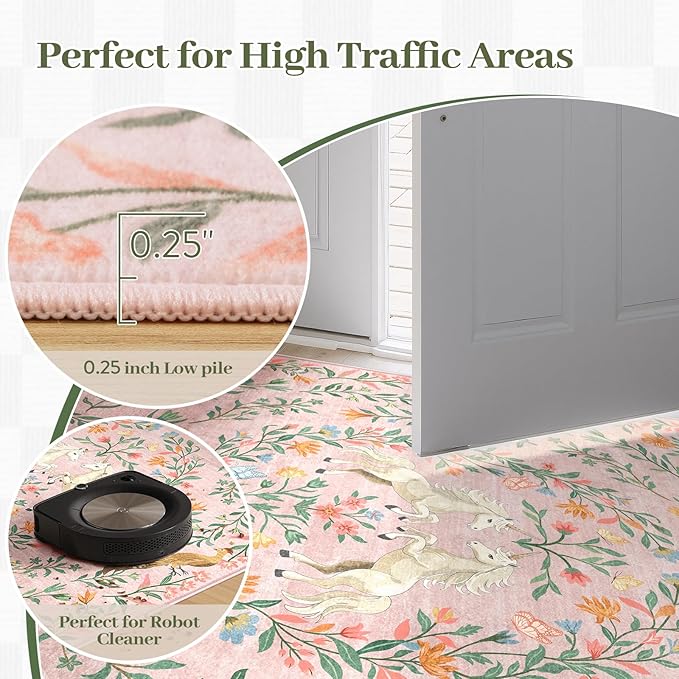 STARUIA 8x10 Area Rugs for Living Room, Unicorn Floral Non-Slip Washable Rugs, Farmhouse Moroccan Vintage Animal Pattern Large Girls Area Rug for Bedroom, Carpet for Dining Room Nurseries(Pink,8'x10')