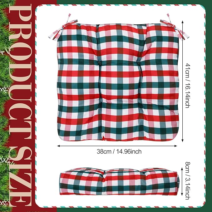 Geetery 4 Pack 4 Pack Chair Cushions for Dining Chair Kitchen Seat Pads with Ties Buffalo Plaid Soft Comfy Square Pads for Home, Outdoor, Patio, Room (Red,Green) (Red,Green)