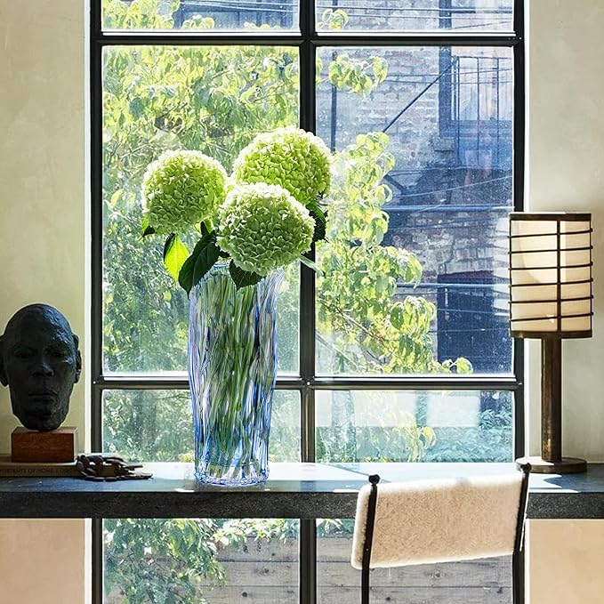 Glass Vase for Flowers, Blue Clear Glass Vases for Centerpieces, Crystal Vase for Home Table Flower Decor 9.1 inches Tall