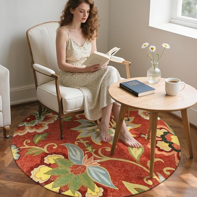 Lahome Red Floral 3 ft Round Rug, Washable Christmas Round Area Rugs Small Non Slip Entryway Mat, Throw Circle Vintage Distressed Door Mat Soft Floor Carpet for Bedroom Living Room Kitchen Office