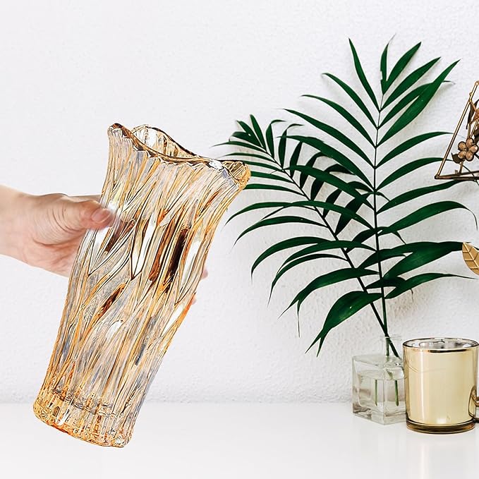 Glass Vase for Flowers, Gold Amber Clear Glass Vases for Centerpieces, Crystal Vase for Home Table Flower Decor 9.1 inches Tall