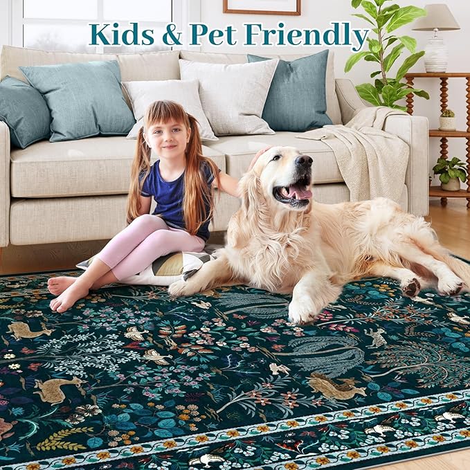 OJIA Living Room Rug 5x7 Area Rug, Soft Washable Rugs for Bedroom Ultra-Thin Non-Slip Floral Animal Print Carpet Stain Resistant Nursery Rug for Kids Playroom Classroom Dining Room, Blue