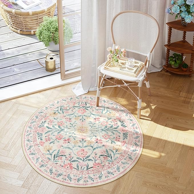 Lahome Boho Light Pink Round Rug 4ft, Washable Small Circle Rugs for Bedroom Kids, Pink and Green Nursery Circular Carpet Girl Decor, Soft Non-Slip Round Carpet for Sunroom, Blush