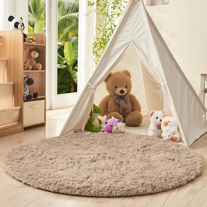 OPPODREAM 5ft Beige Circle Rug for Bedroom, Ultra-Soft Round Rugs 5-ft for Living Room, Fluffy Carpet for Nursery, Kids, Girl, Boy, Baby, Plush, Fuzzy, Shag, Shaggy, Cute Home Decor