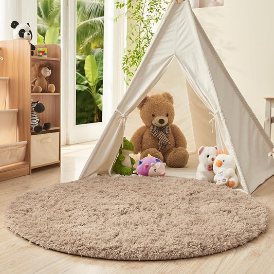 OPPODREAM 6ft Beige Circle Rug for Bedroom, Ultra-Soft Round Rugs 6-ft for Living Room, Fluffy Carpet for Nursery, Kids, Girl, Boy, Baby, Plush, Fuzzy, Shag, Shaggy, Cute Home Decor