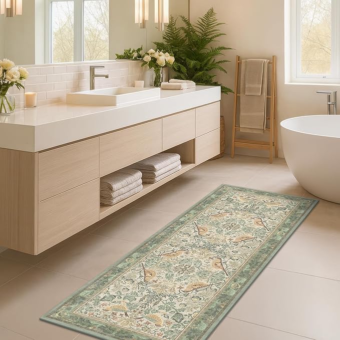 Sage Floral Kitchen Runners - 2x5 Runner Rug for Hallway Bathroom Laundry Room Bedroom Beside Bed Entryway, Boho Birds Leaves Patterned Non Slip Low Pile Washable Rugs