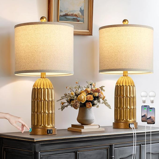 Table Lamps for Bedroom Set of 2, Farmhouse 3-Way Dimmable Touch Nightstand Lamp with 2 USB Charging Ports, Vintage Rustic Traditional Bedside Lamp for Living Room End Table