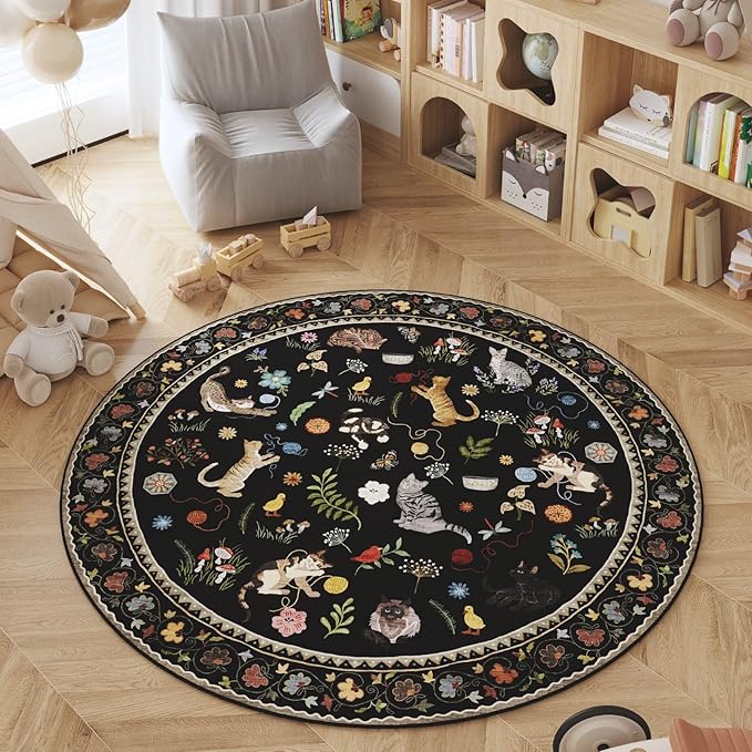 Rugcomf Round Rug 4ft Washable Circle Rug Non Slip Low Pile Boho Floral Animal Cat Small Circular Rug for Bedroom Bathroom Entryway Kids Room Office College Dorm, Black