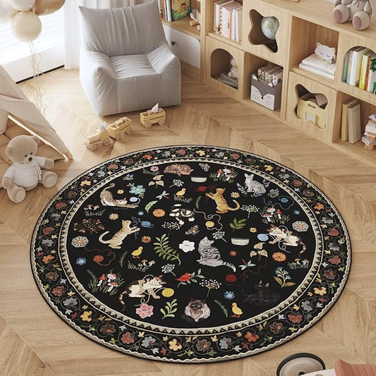 Rugcomf Round Rug 4ft Washable Circle Rug Non Slip Low Pile Boho Floral Animal Cat Small Circular Rug for Bedroom Bathroom Entryway Kids Room Office College Dorm, Black