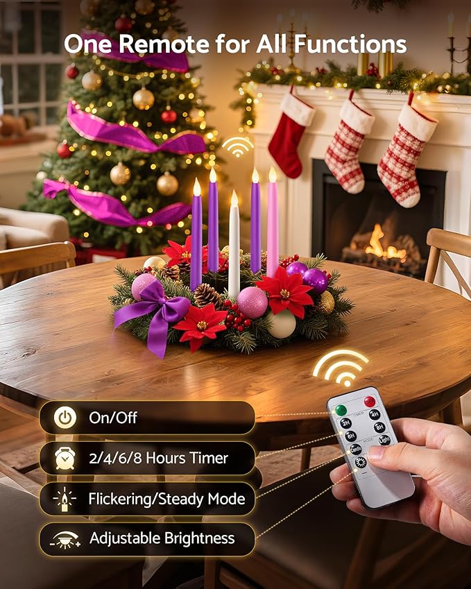 10.5'' Advent Candles Battery Operated Set of 4 with Remote, Timer & Dimmer, Plastic Flameless LED Taper Candlesticks for Advent Wreath, Christmas Table Centerpiece Decor