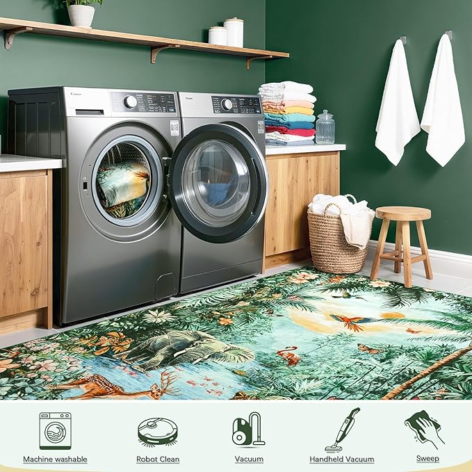 Amearea Jungle Print 6x9 Area Rug for Living Room, Washable Green Rugs for Bedroom, Forest Animal Rug Low Pile Kids Nursery Room Rug, Leopard Rugs Carpet for Boys Girls Playroom Dining Room Decor