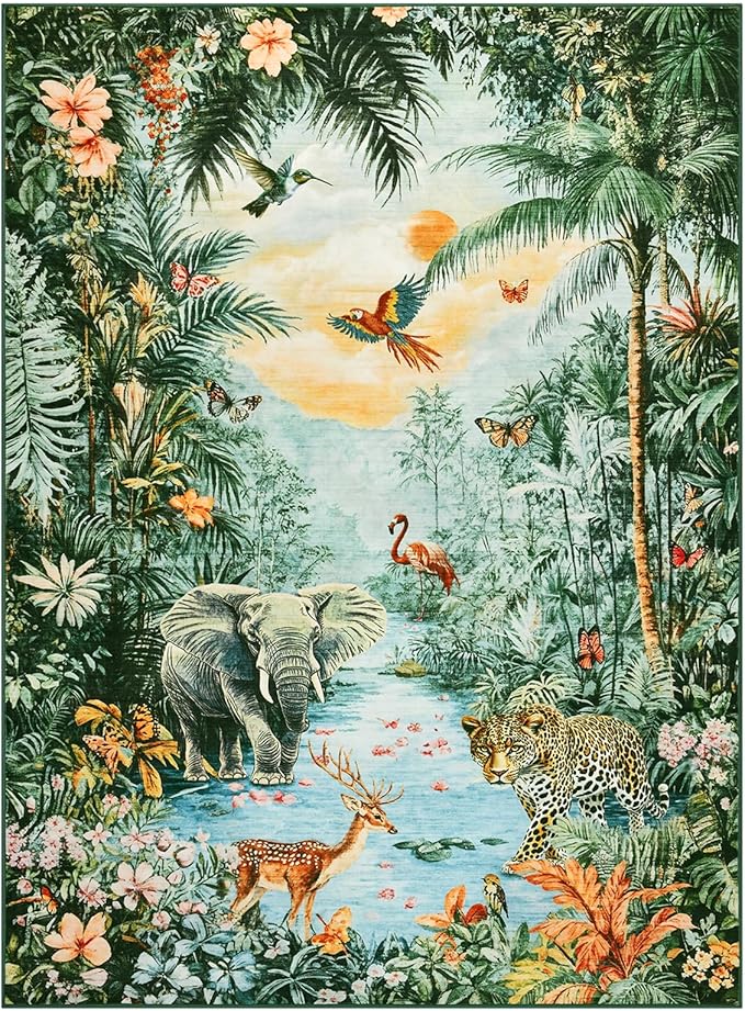 Amearea Jungle Print 6x9 Area Rug for Living Room, Washable Green Rugs for Bedroom, Forest Animal Rug Low Pile Kids Nursery Room Rug, Leopard Rugs Carpet for Boys Girls Playroom Dining Room Decor