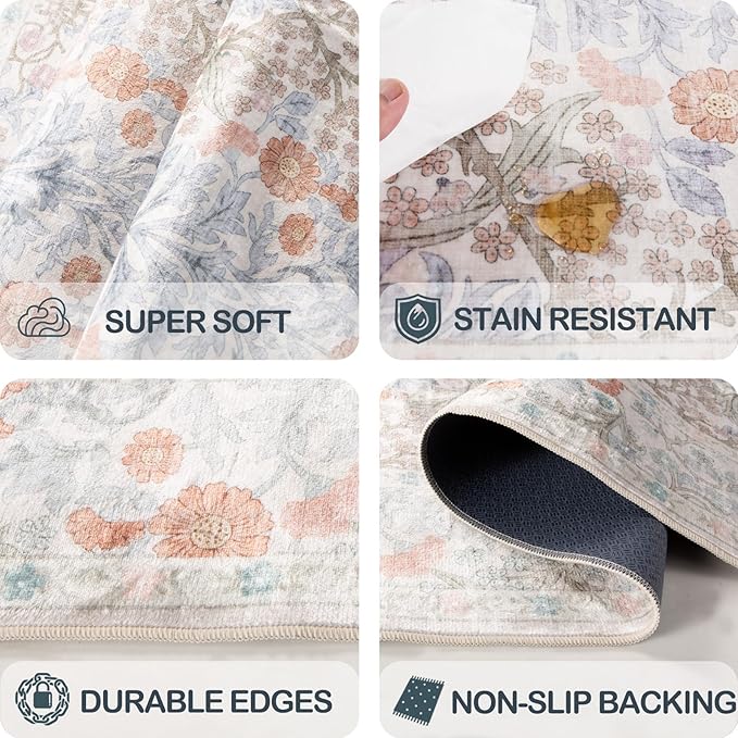 Vintage Beige Blue Living Room Rug, 6x9 Washable Area Rugs for Dining Room Under Table, Soft Low Pile Large Carpet Bedroom, Non-Slip Boho Floral (6 x 9 Beige Blue)