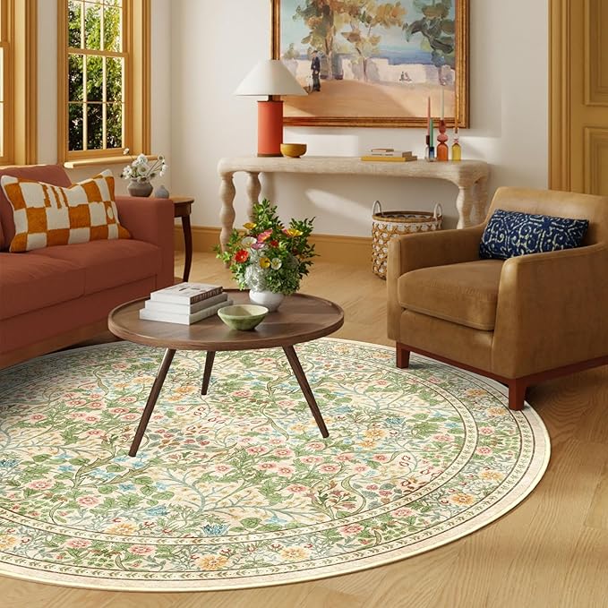 Light Green Round Rugs 6ft - Soft Washable Boho Floral Bedroom Circle Rug Stain Resistant Dining Room Rugs for Under Round Table Beige Vintage Area Rug for Living Room Office Home Decor