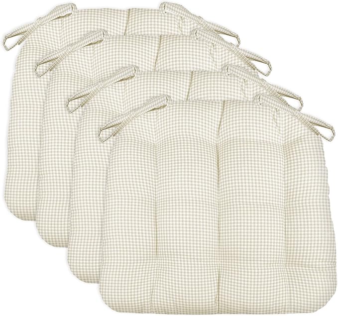 Barnett Home Decor Chair Cushions for Dining Chairs - 16.5x18 Kitchen Chair Cushions - Machine Washable, 100% Cotton, Made in USA - Latex Foam Chair Pads - Madrid Natural Gingham Medium Pack of 4