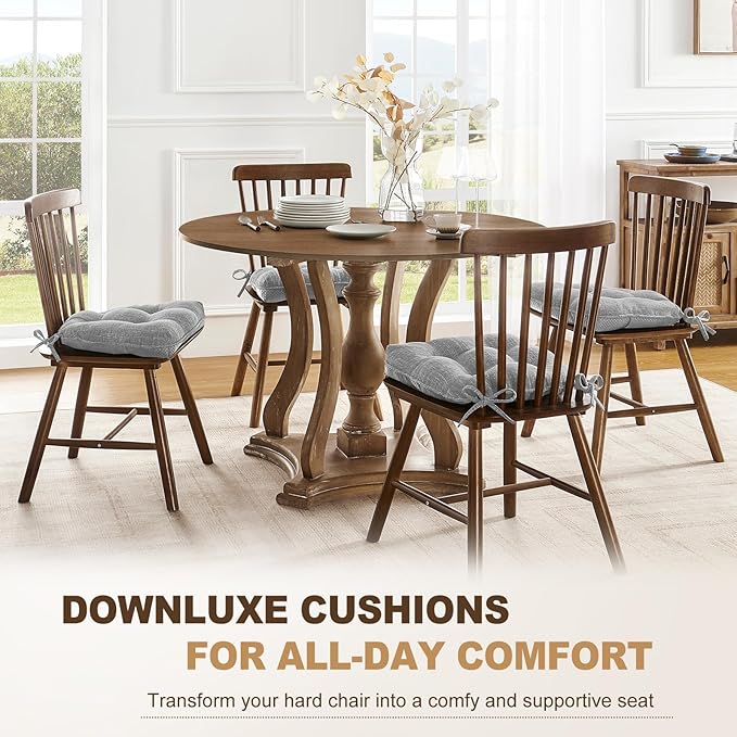 downluxe Indoor Chair Cushions for Dining Chairs, Tufted Overstuffed Textured Memory Foam Kitchen Chair Pads with Ties and Non-Slip Backing, 15.5" x 15.5" x 4", Light Grey, 4 Pack