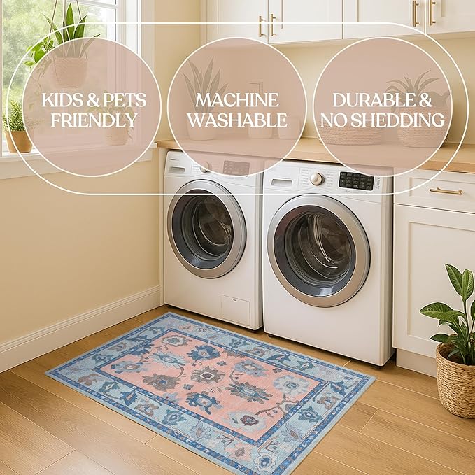 Fame Living Modern Oushak Rug, Vintage, Turkish, Eclectic, Floral, Pastel, Washable, Large Area Rugs for Living Room, Dining, Bedroom, Girls, Boys, 7'5"x9'8"