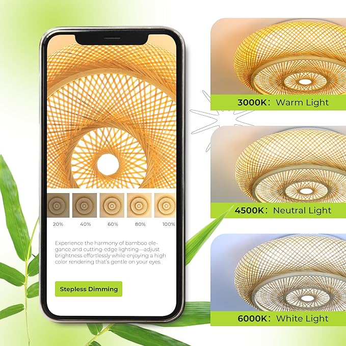 Bamboo LED Ceiling Light Fixtures Smart Ceiling Light Voice Control Boho Flush Mount Ceiling Light Dimmable with Remote Handmade Bamboo Woven Ceiling Lights for Bedroom Living Room 19.6 Inch