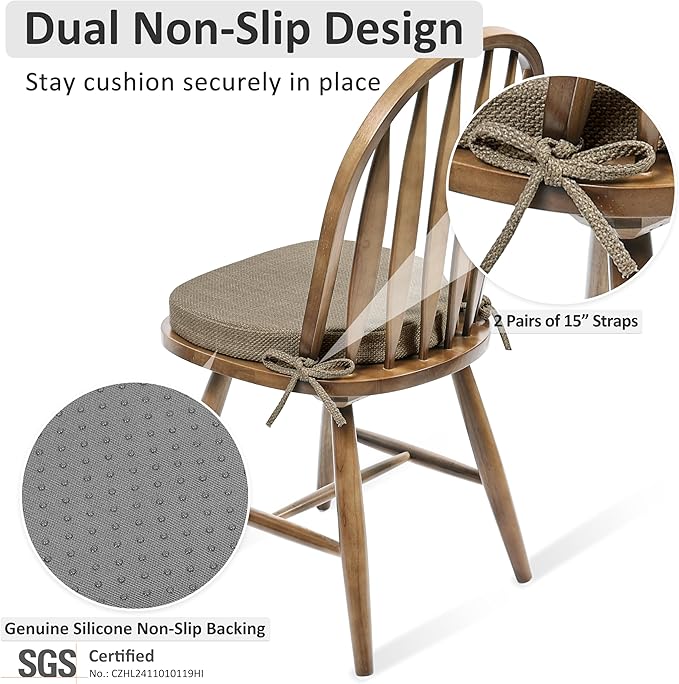 Shinnwa Dining Chair Cushions Set of 4, High-Resilience Foam Windsor Seat Pads, Kitchen Chair Cushions with Ties & Textured Cover, 4 Pack, 16.5 x 15.5 x 2, Light Brown