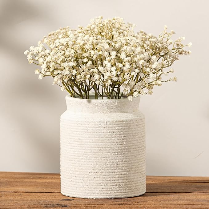 Ceramic Flower Vase 7.5 inch Farmhouse Rustic Vase for Home Decor Handcrafted Pottery Terracotta Vases for Dining Table Decor Fireplace Living Room Bathroom Wedding Centerpiece (01-White)