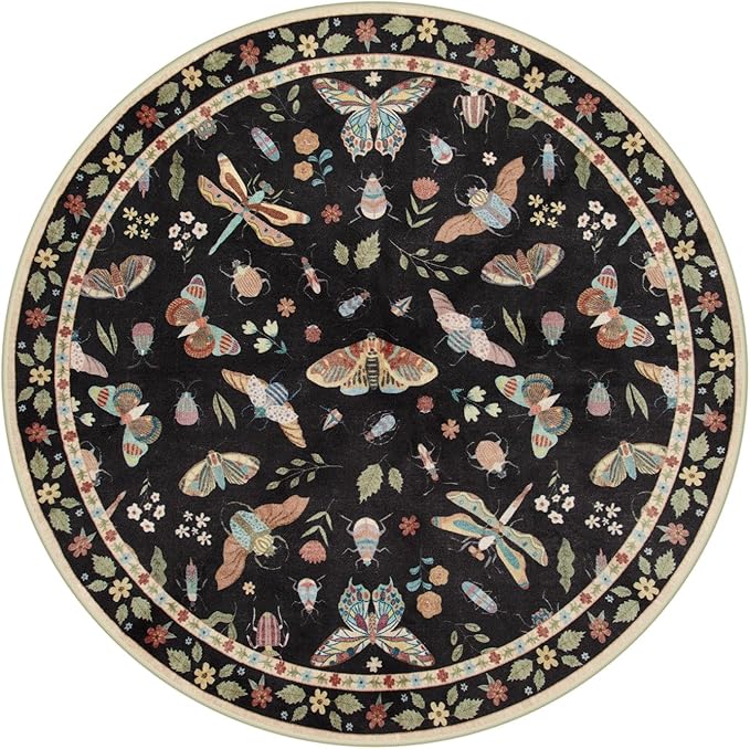 Lahome Insect Washable Round Rugs, Non-Slip Soft Round Rug 4ft Ultra-Thin, Small Boho Circle Carpet for Entryway Kitchen Bedroom Nursery Bathroom, Black