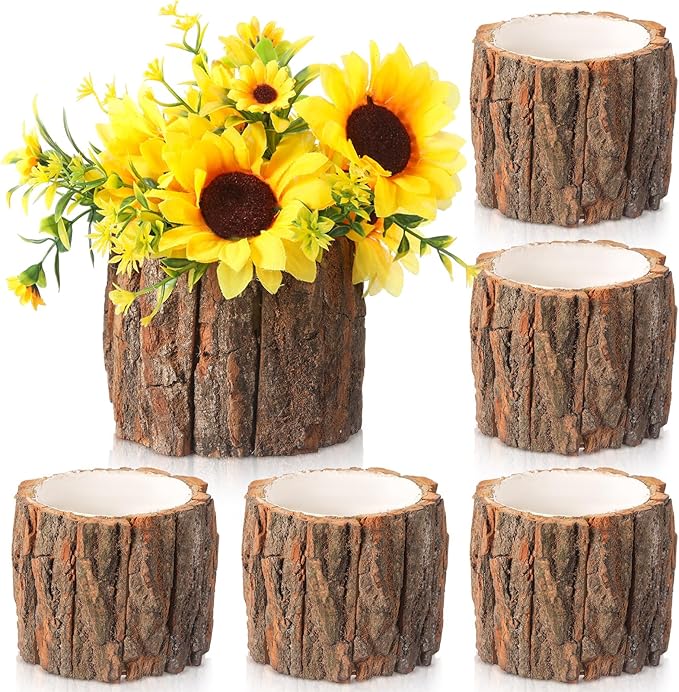 6 Pcs Wooden Vase for Centerpieces Christmas Table Decor Wooden Flower Vase Rustic Bark Stump Buckets Vintage Wood Planter Pots for Xmas Woodland Party Wedding Window Home Farmhouse