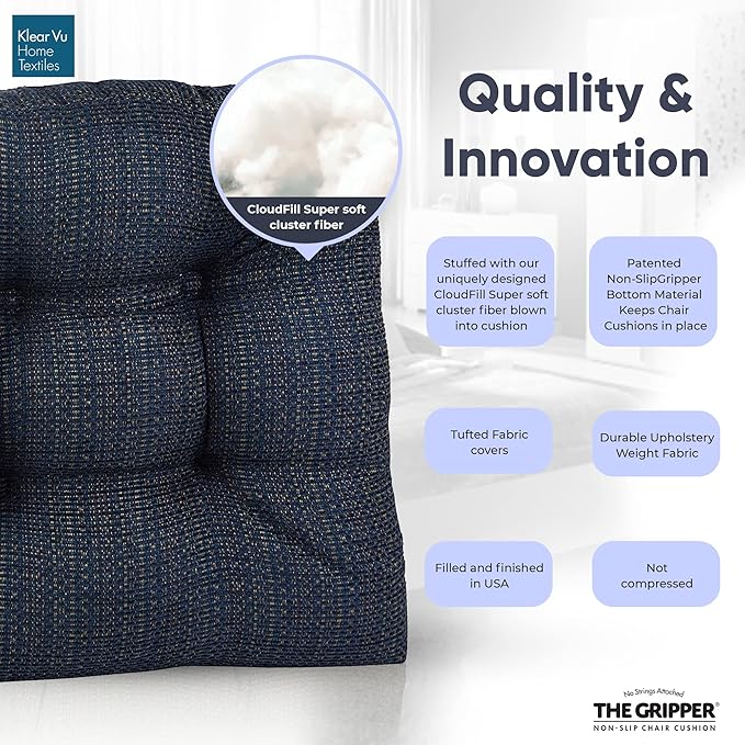 Klear Vu Gripper Overstuffed Universal Non-Slip Dining Chair Cushions for Kitchen Decor or Office Use, U-Shaped Skid-Proof Seat Pad, 15x15 Inches, 4 Count (Pack of 1), Waffle Navy Blue