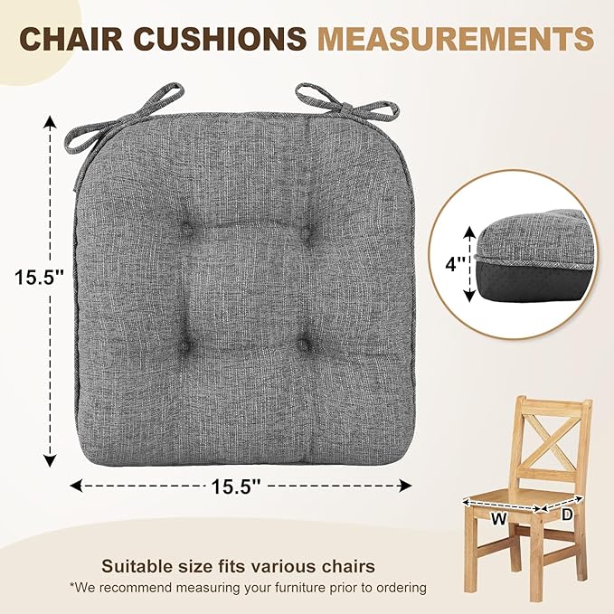 downluxe Indoor Chair Cushions for Dining Chairs, Tufted Overstuffed Textured Foam Kitchen Chair Pads with Ties and Non-Slip Backing, 15.5" x 15.5" x 4", Dark Grey, 6 Pack