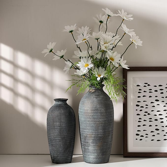 Ceramic Vases for Home Decor, Black Bronze Ceramic Vase Set of 2, Vintage Minimalist Decorative Vase for Table Centerpiece Dining Living Room Office House Nightstand Fireplace Decoration